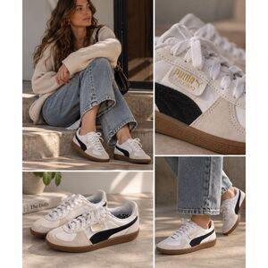 PUMA Palermo Leather Suede Sneakers White Black Gum Size 8.5